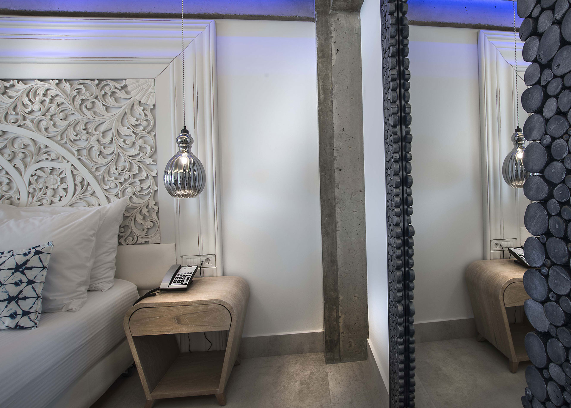 Cretan Blue Beach Hotel hotel room with double bed, bedside table and telephone